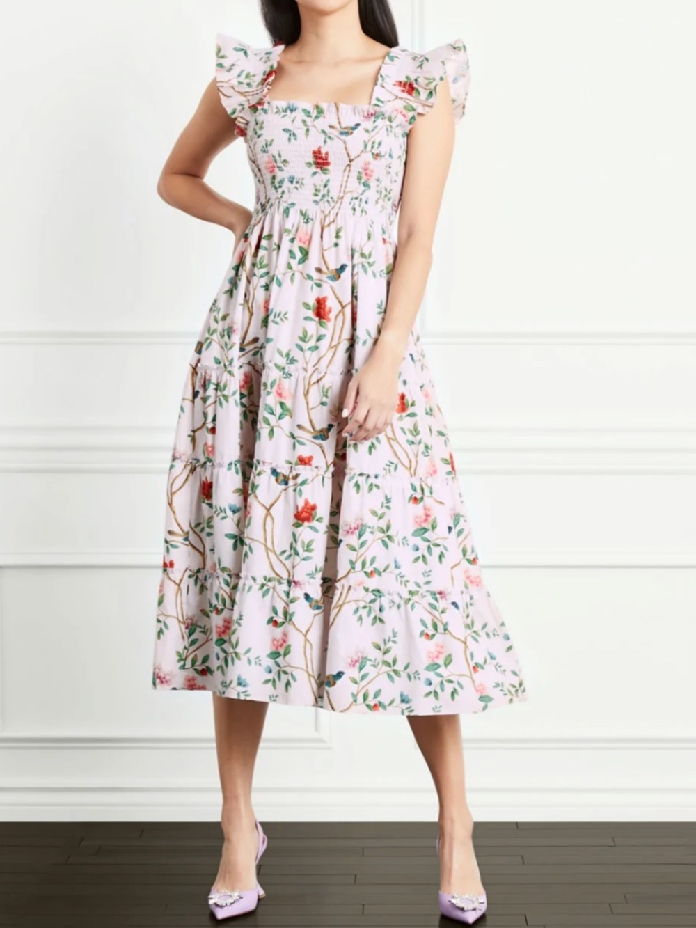 Hill House Home x Diane Hill Ellie Nap Dress Pink Floral Bird Print Smocked Midi - Picture 1 of 11